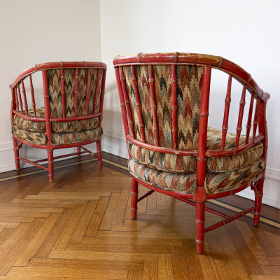 Painted Faux Bamboo Armchairs, Pair