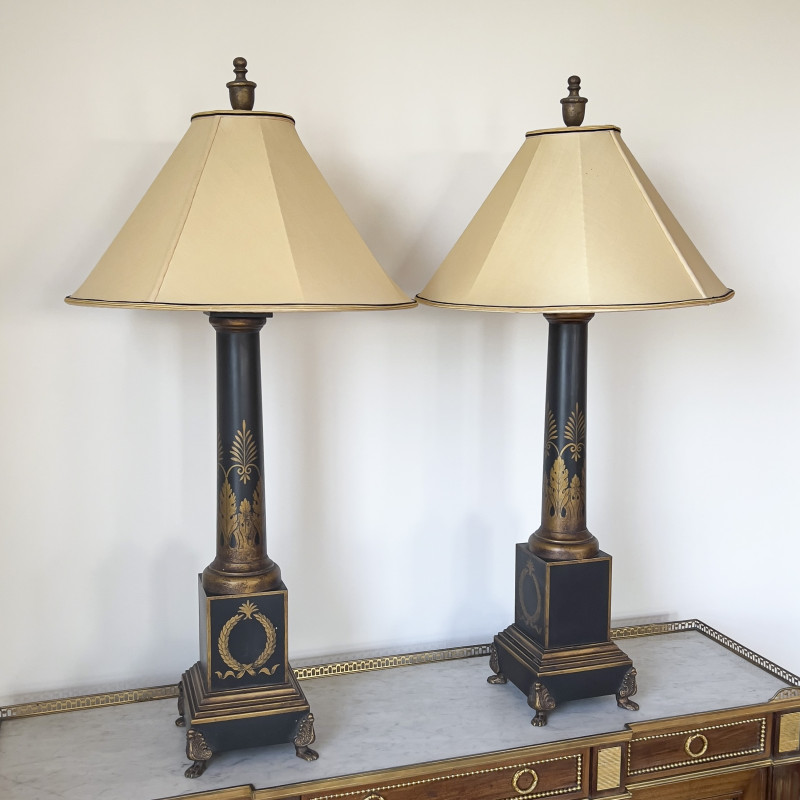 French Tole Painted Lamps, Pair
