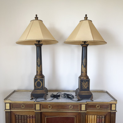 French Tole Painted Lamps, Pair
