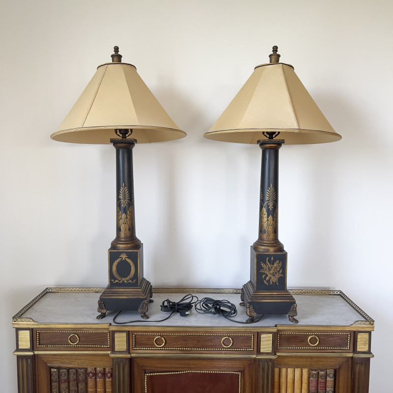 French Tole Painted Lamps, Pair