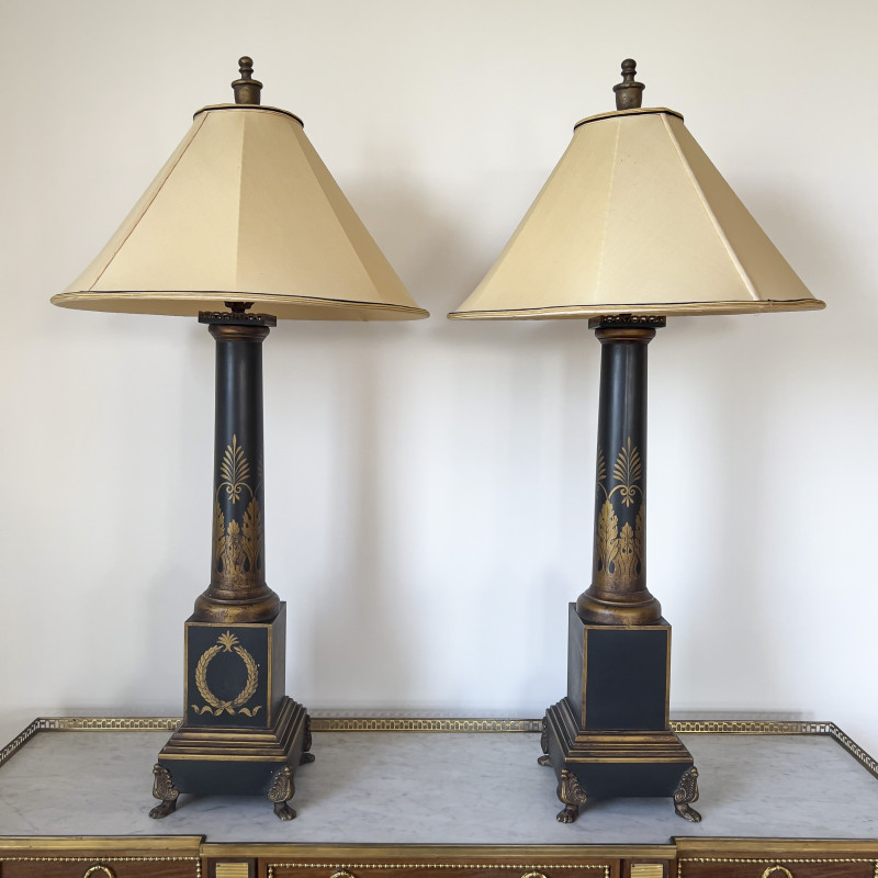 French Tole Painted Lamps, Pair