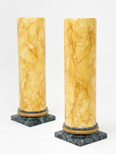 Trompe-l&apos;œil Painted Marble Pedestals, Pair, along with Faux Marble Urns, Pair