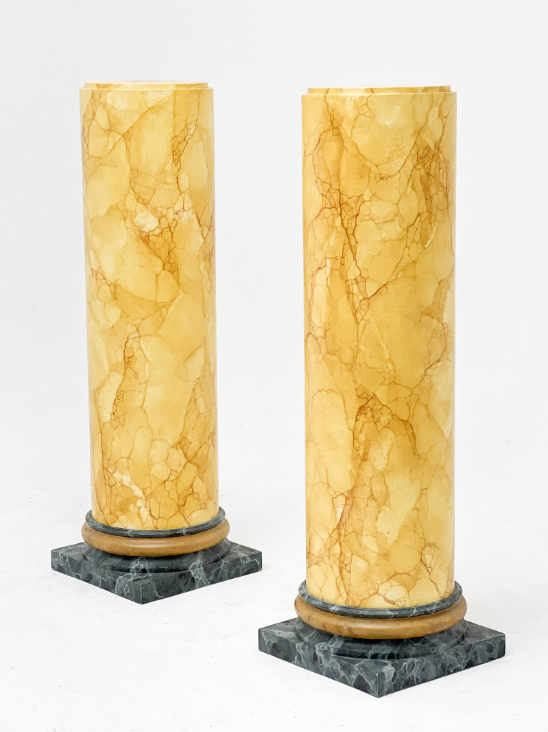 Trompe-l&apos;œil Painted Marble Pedestals, Pair, along with Faux Marble Urns, Pair