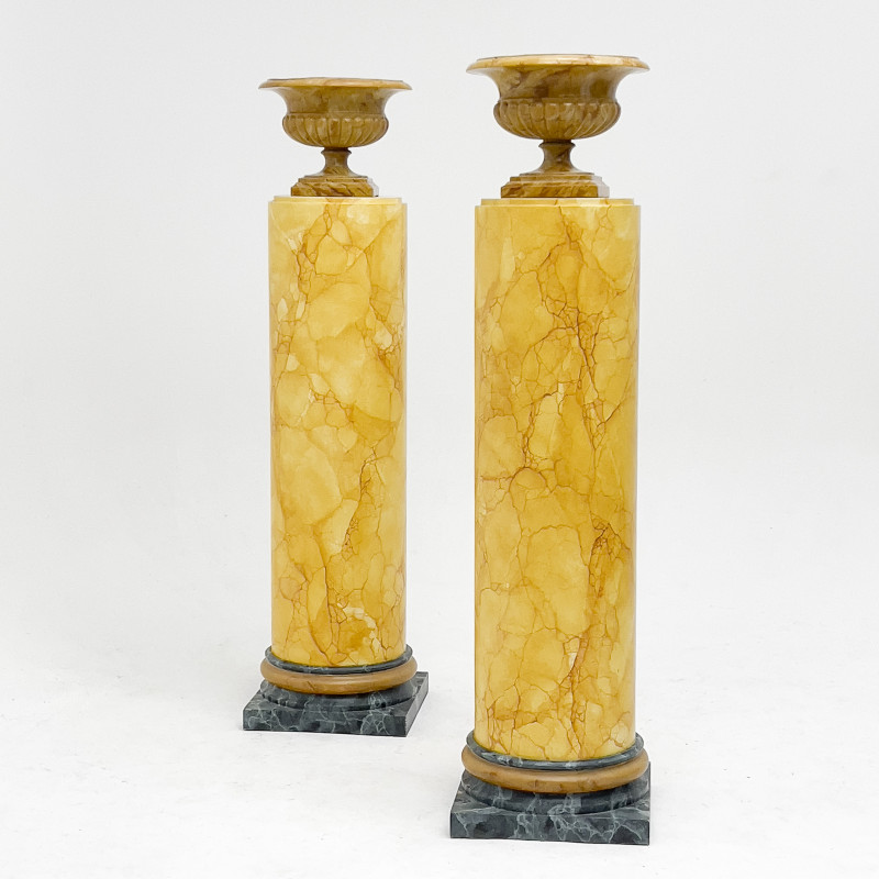Trompe-l&apos;œil Painted Marble Pedestals, Pair, along with Faux Marble Urns, Pair