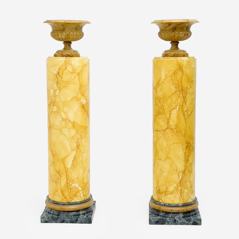 Trompe-l&apos;œil Painted Marble Pedestals, Pair, along with Faux Marble Urns, Pair