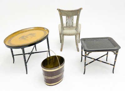 Empire Side Chair and Georgian Mahogany Bucket, together with two Tole Tray Top Tables, Group of 4