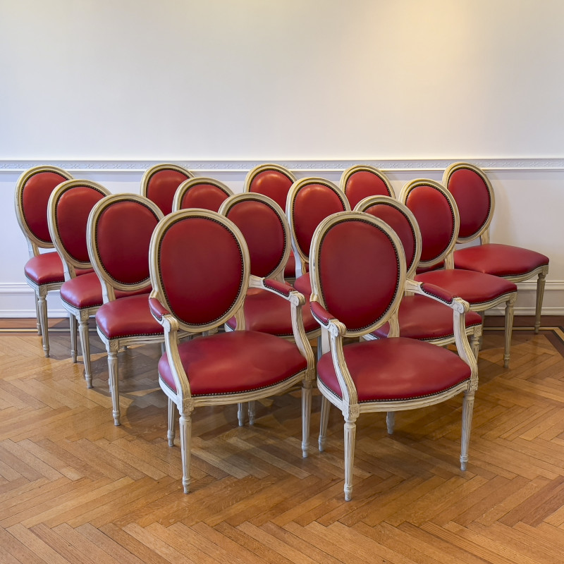 Louis XVI Style Grisaille Chairs by Baker, Group of 14