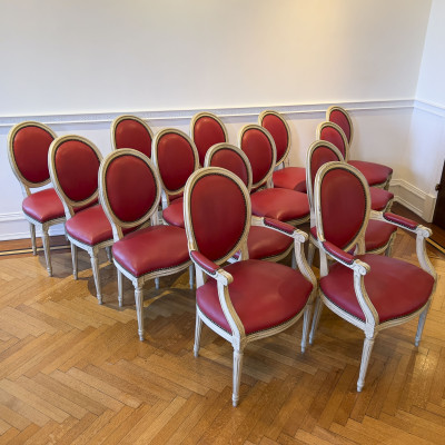 Louis XVI Style Grisaille Chairs by Baker, Group of 14
