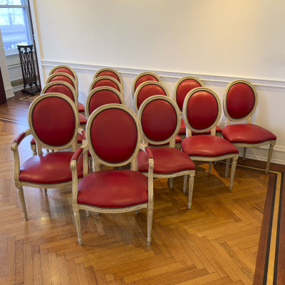 Louis XVI Style Grisaille Chairs by Baker, Group of 14