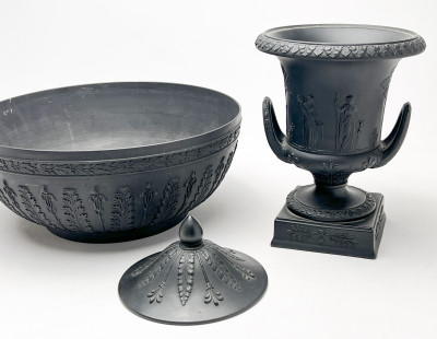 Wedgwood  - Basalt Covered Urns and Center Bowl, Group of 3