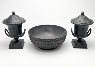 Wedgwood  - Basalt Covered Urns and Center Bowl, Group of 3
