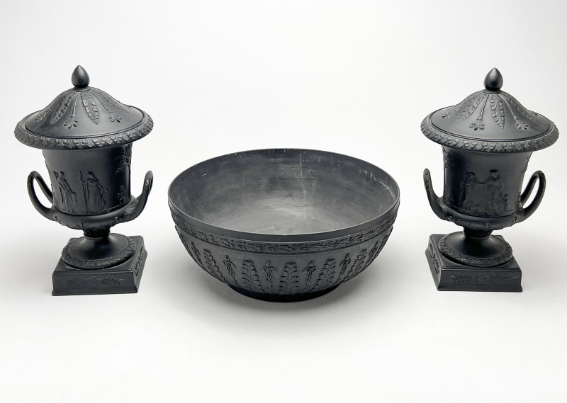 Wedgwood  - Basalt Covered Urns and Center Bowl, Group of 3