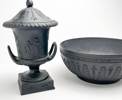 Wedgwood  - Basalt Covered Urns and Center Bowl, Group of 3