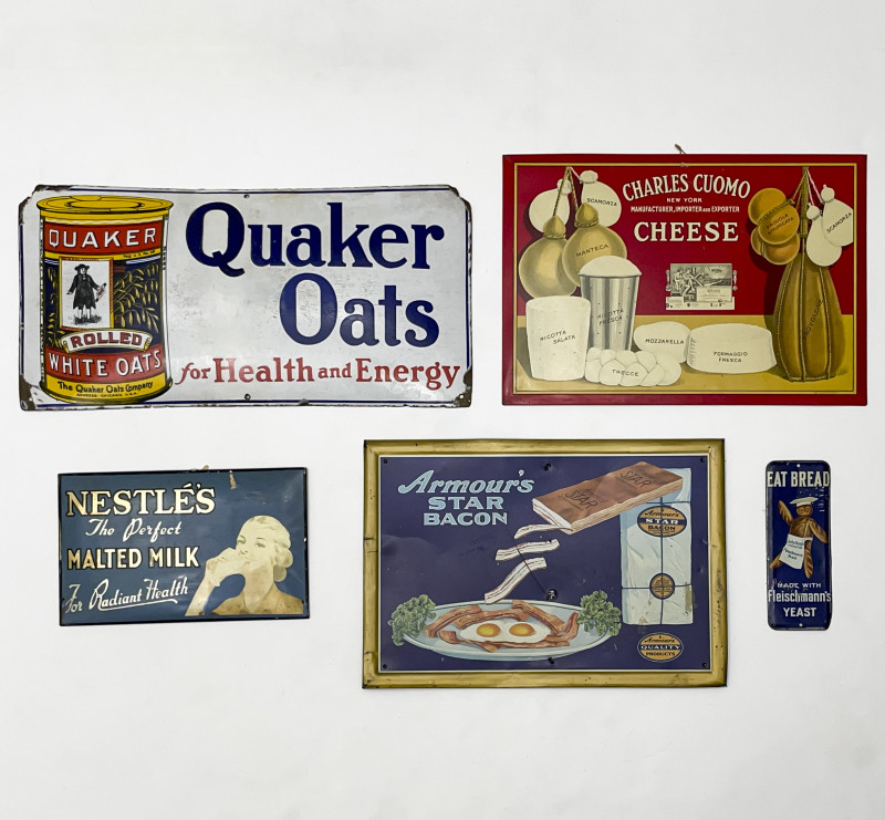Vintage Enamel Food Signs, Group of 5