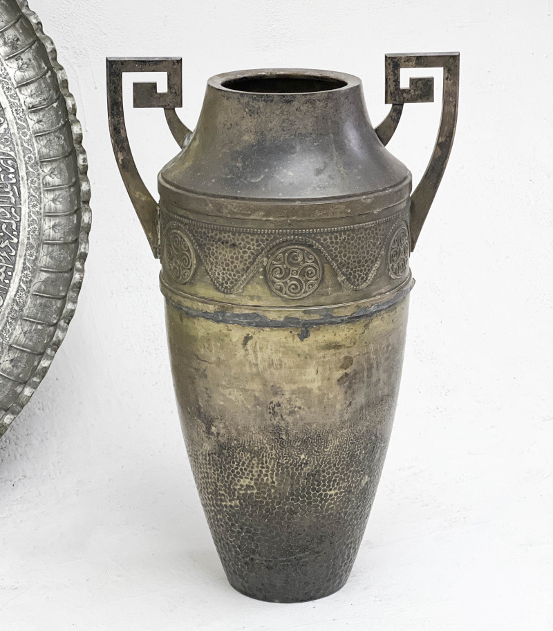 Copper Wall Hanging, Tinned Brass Charger and Brass Vase, Group of 3