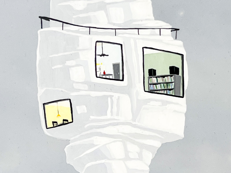 Jay Davis - Untitled (One Tall White Structure with House Connected to One Small Structure with House)