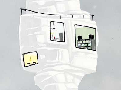 Jay Davis - Untitled (One Tall White Structure with House Connected to One Small Structure with House)