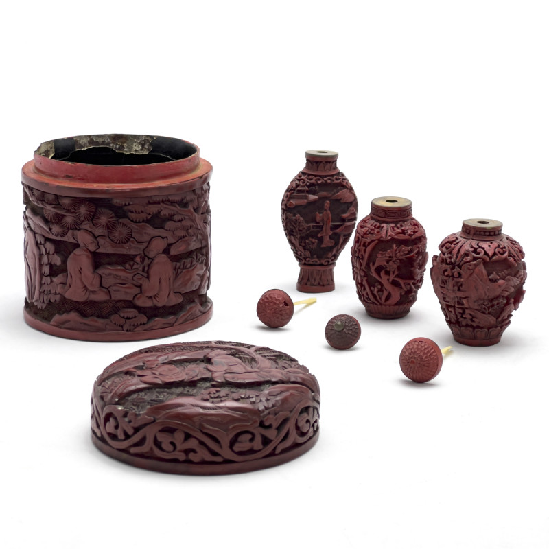 Chinese - Cinnabar Style Snuff Bottles and Desk Accessories, Group of 6