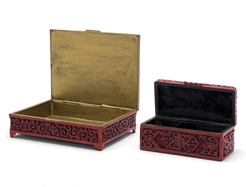 Chinese - Cinnabar Style Snuff Bottles and Desk Accessories, Group of 6