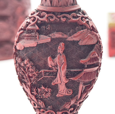 Chinese - Cinnabar Style Snuff Bottles and Desk Accessories, Group of 6