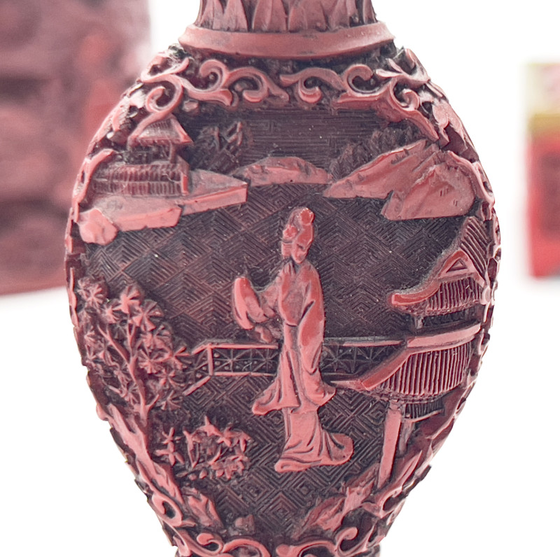 Chinese - Cinnabar Style Snuff Bottles and Desk Accessories, Group of 6