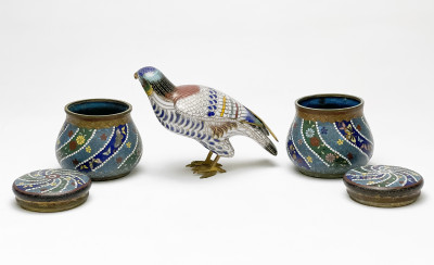 Chinese Cloisonné Figure of a Bird and Two Cloisonné Jars, Group of 3