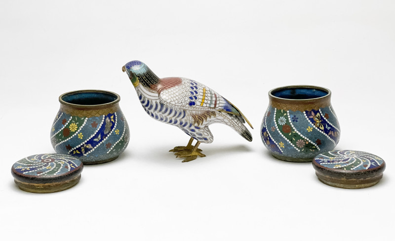 Chinese Cloisonné Figure of a Bird and Two Cloisonné Jars, Group of 3