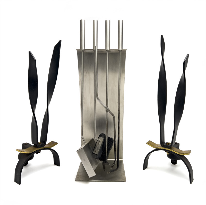 Andirons / Chrome Fireplace Set, Group of 3