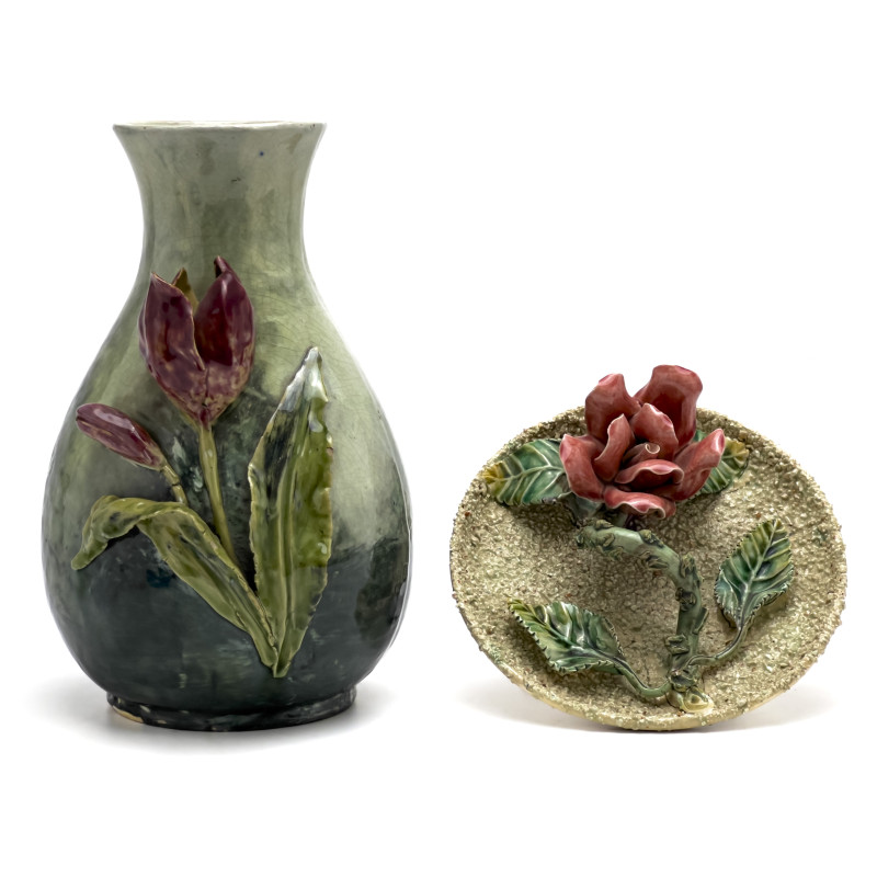 Barbotine Majolica Dish and Vase