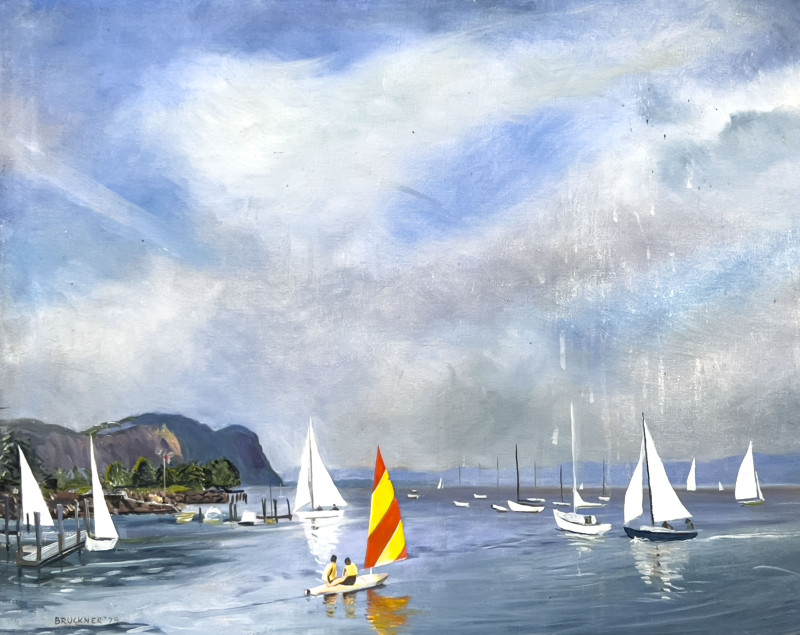 William Bruckner - River Scene with Sailboats