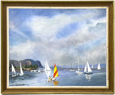 William Bruckner - River Scene with Sailboats