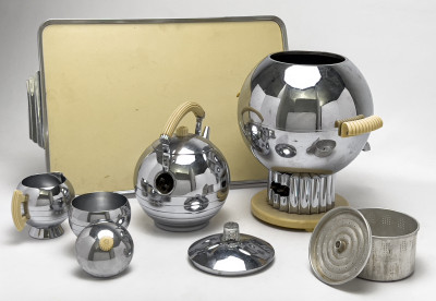 Walter von Nessen - Chase Chrome and Bakelite Coronet Coffee Urn and Comet Tea Service