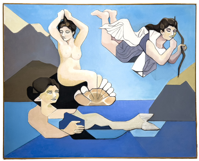 Leonard Alberts - Aphrodite, Olympian goddess of love, beauty, pleasure, and procreation in shell;
Athena, goddess of wisdom and war with bow; and Amphitrite, goddess of the sea
(mermaid)