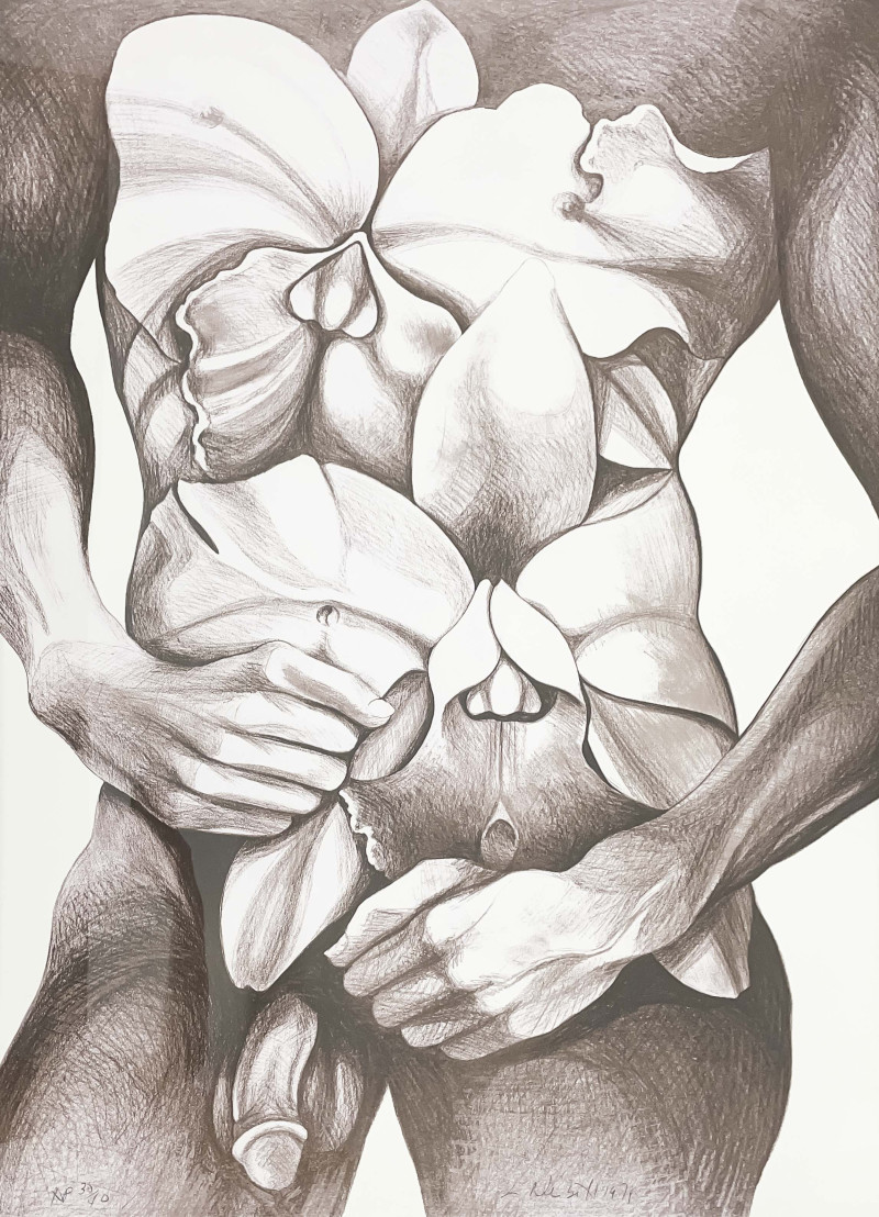 Lowell Nesbitt - Untitled (Nude Torso with Orchids)
