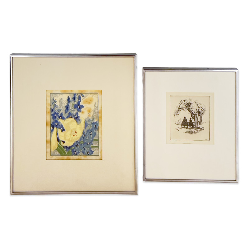 Thomas Handforth Etching and Floral Woodblock by Unknown Artist, 2 Works