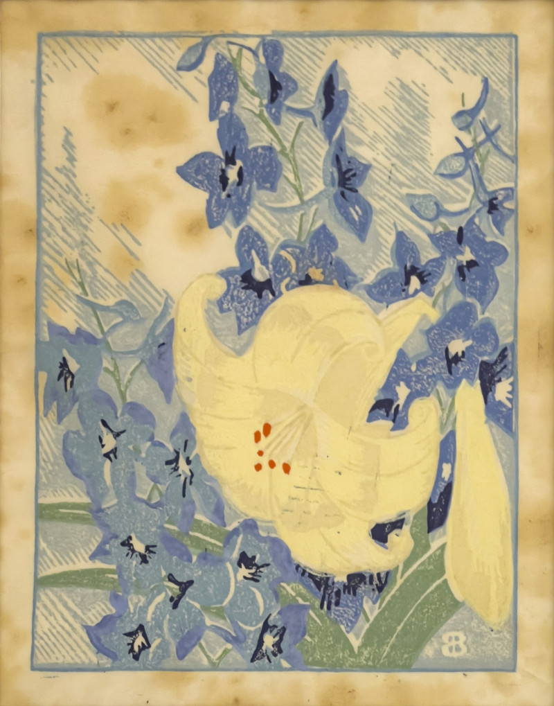 Thomas Handforth Etching and Floral Woodblock by Unknown Artist, 2 Works