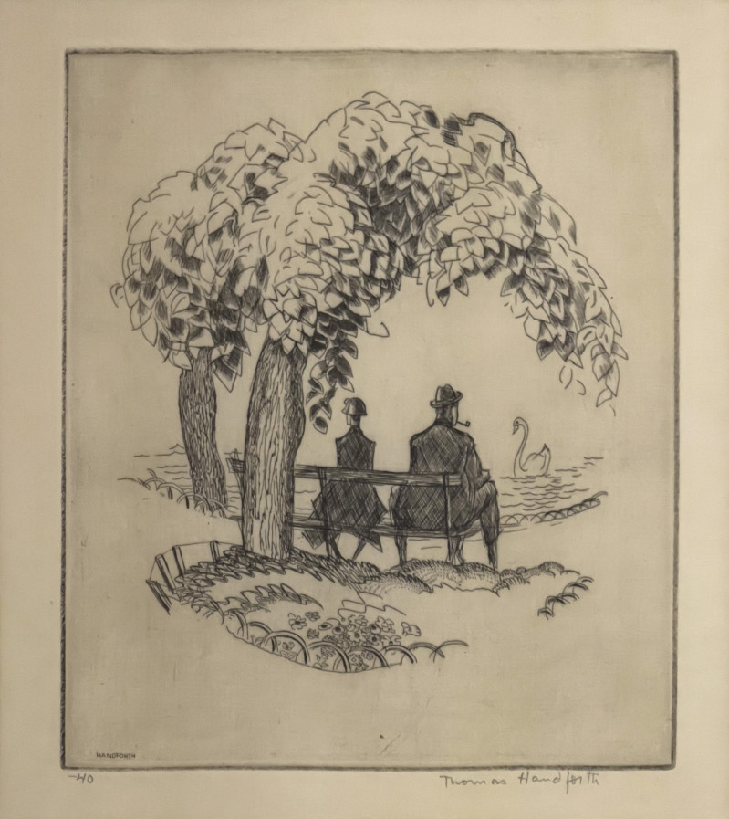 Thomas Handforth Etching and Floral Woodblock by Unknown Artist, 2 Works