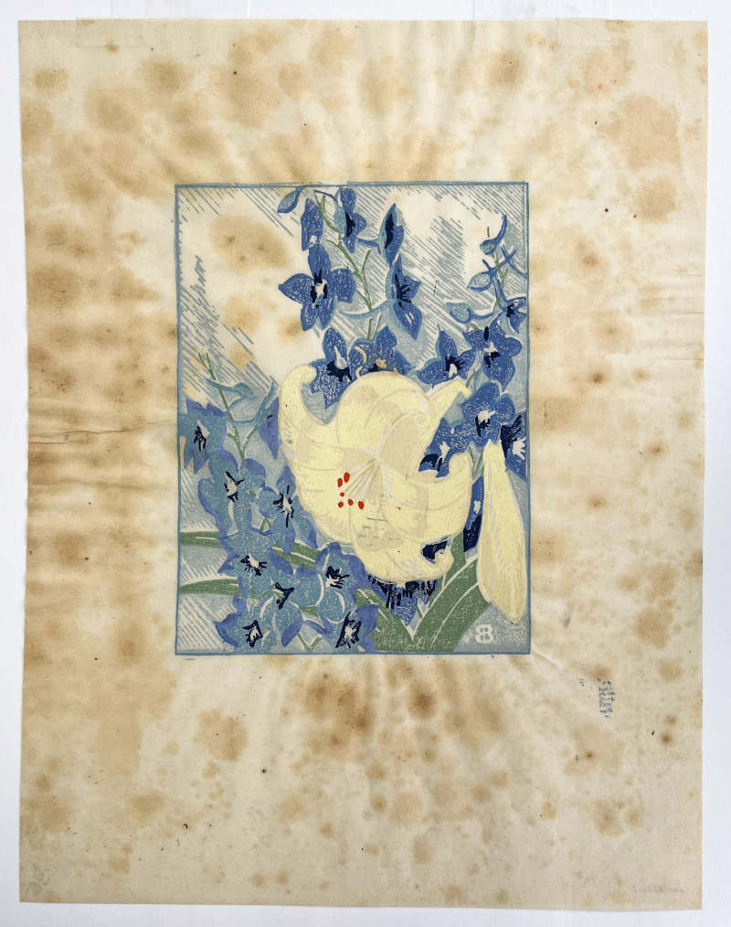 Thomas Handforth Etching and Floral Woodblock by Unknown Artist, 2 Works