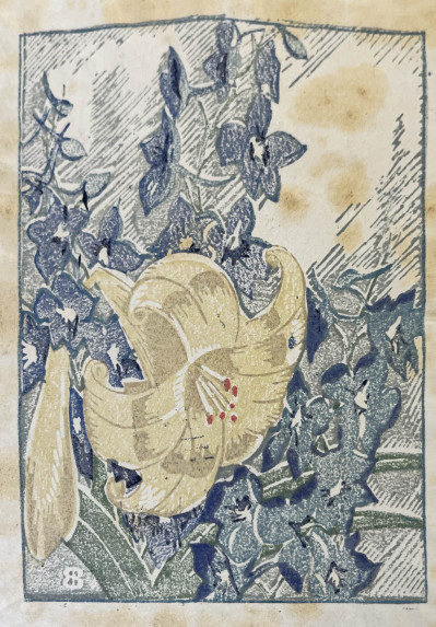 Thomas Handforth Etching and Floral Woodblock by Unknown Artist, 2 Works