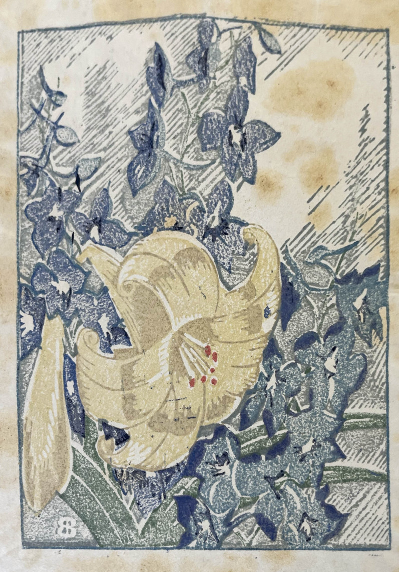 Thomas Handforth Etching and Floral Woodblock by Unknown Artist, 2 Works