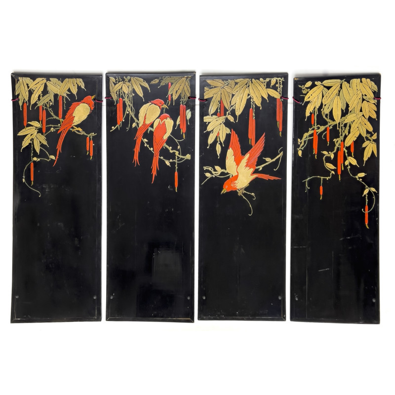 Asian Hand-Painted Black Lacquer Four Panel Screen
