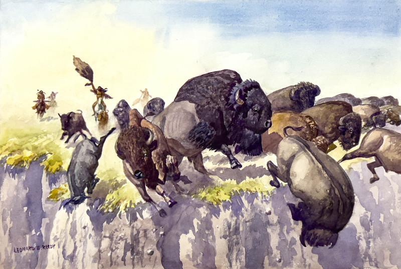 Leonard Howard Reedy - Indians Running Buffalo Over Cliff