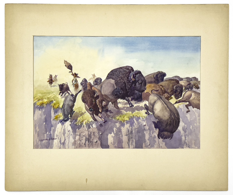Leonard Howard Reedy - Indians Running Buffalo Over Cliff
