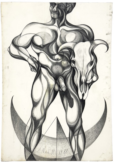 Lowell Nesbitt - Untitled (Male Nude Holding Bull Skull)