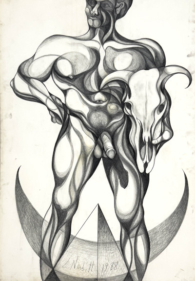 Image for Lot Lowell Nesbitt - Untitled (Male Nude Holding Bull Skull)