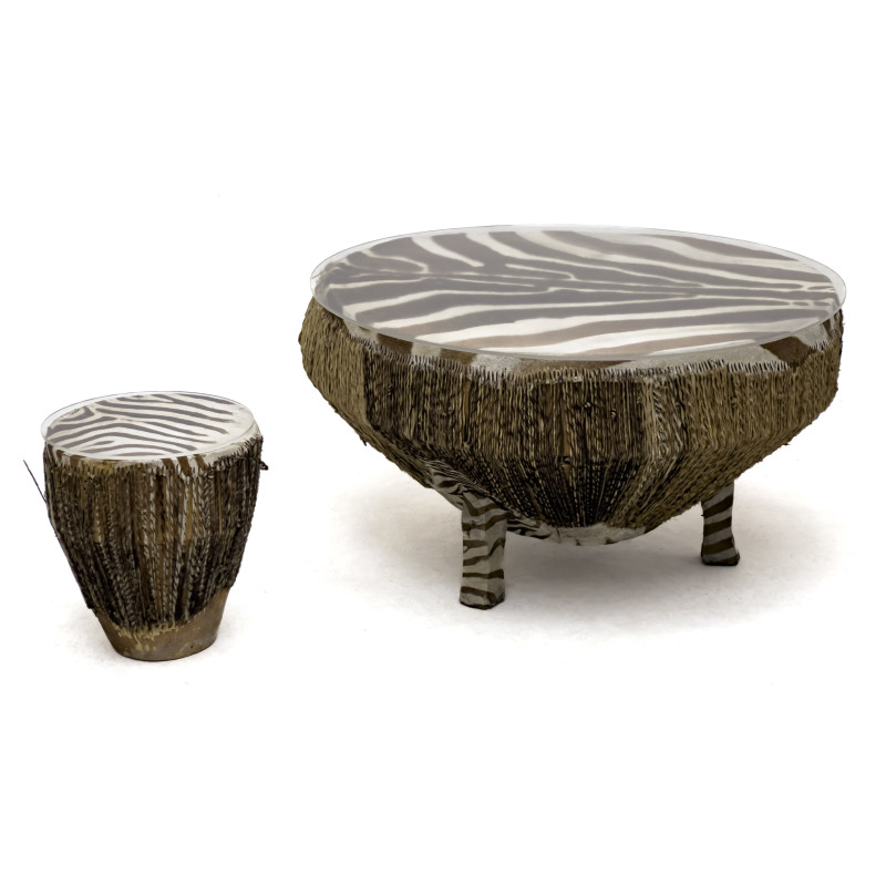 Two Zebra Skin Drum Coffee Tables
