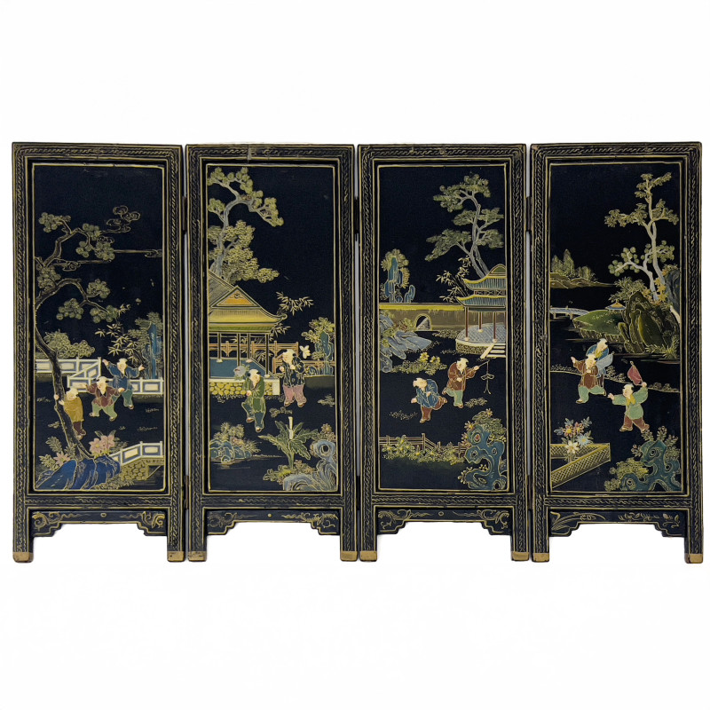 Chinese Black Lacquer Four Panel Table Screen