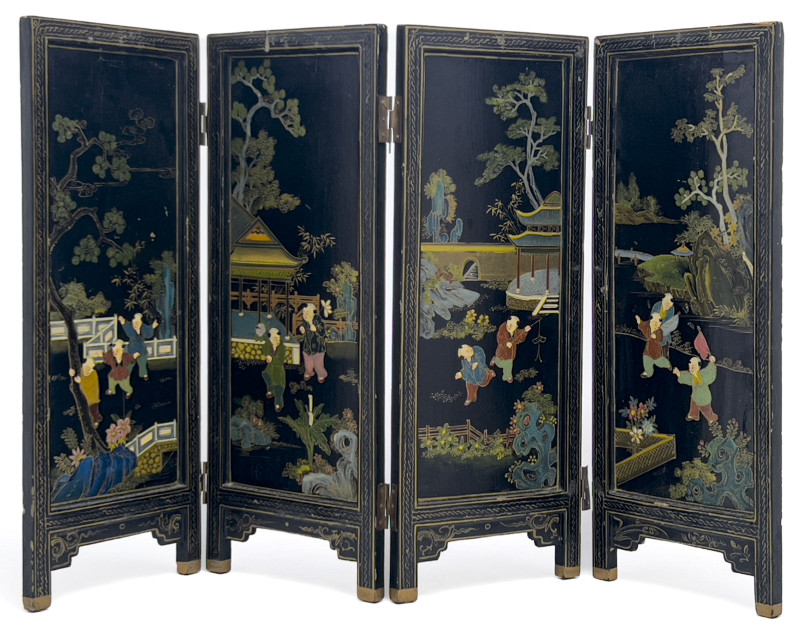 Chinese Black Lacquer Four Panel Table Screen