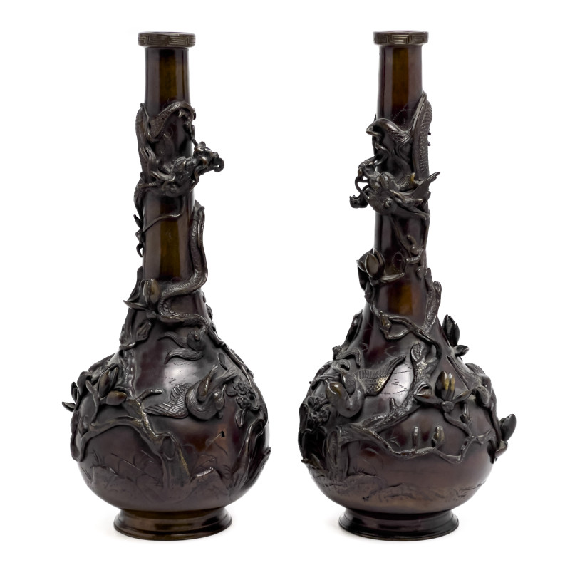 Japanese Meiji Bronze Vases, Pair