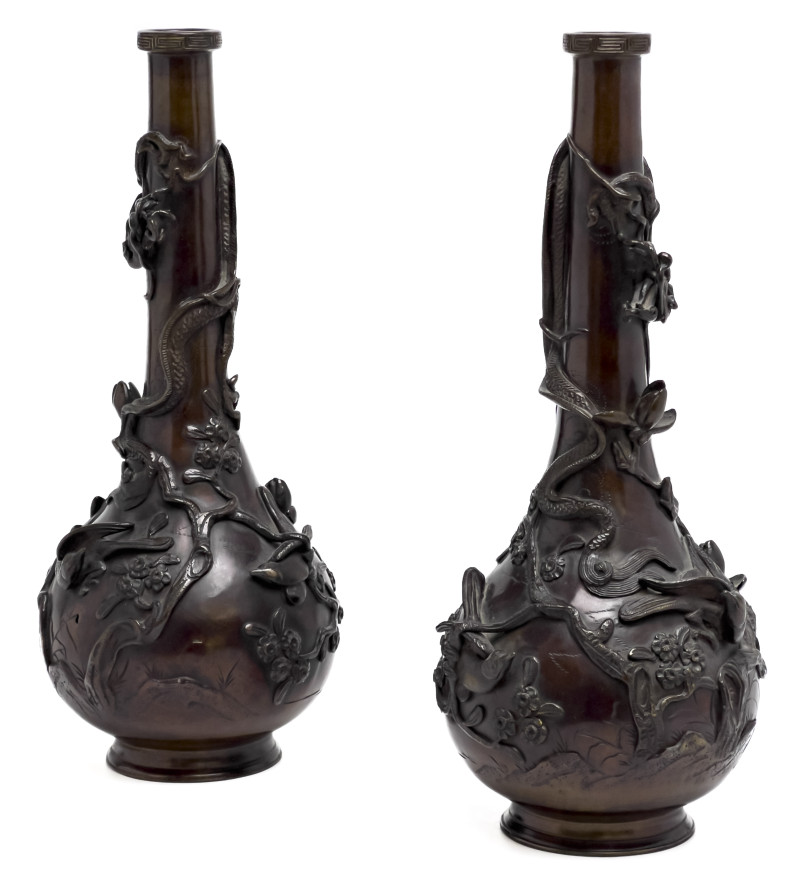 Japanese Meiji Bronze Vases, Pair